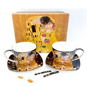 Klimt komplet za kavo, črna podlaga - 2 skodelici + 2 krožnika + 2 žlički, v darilni škatli